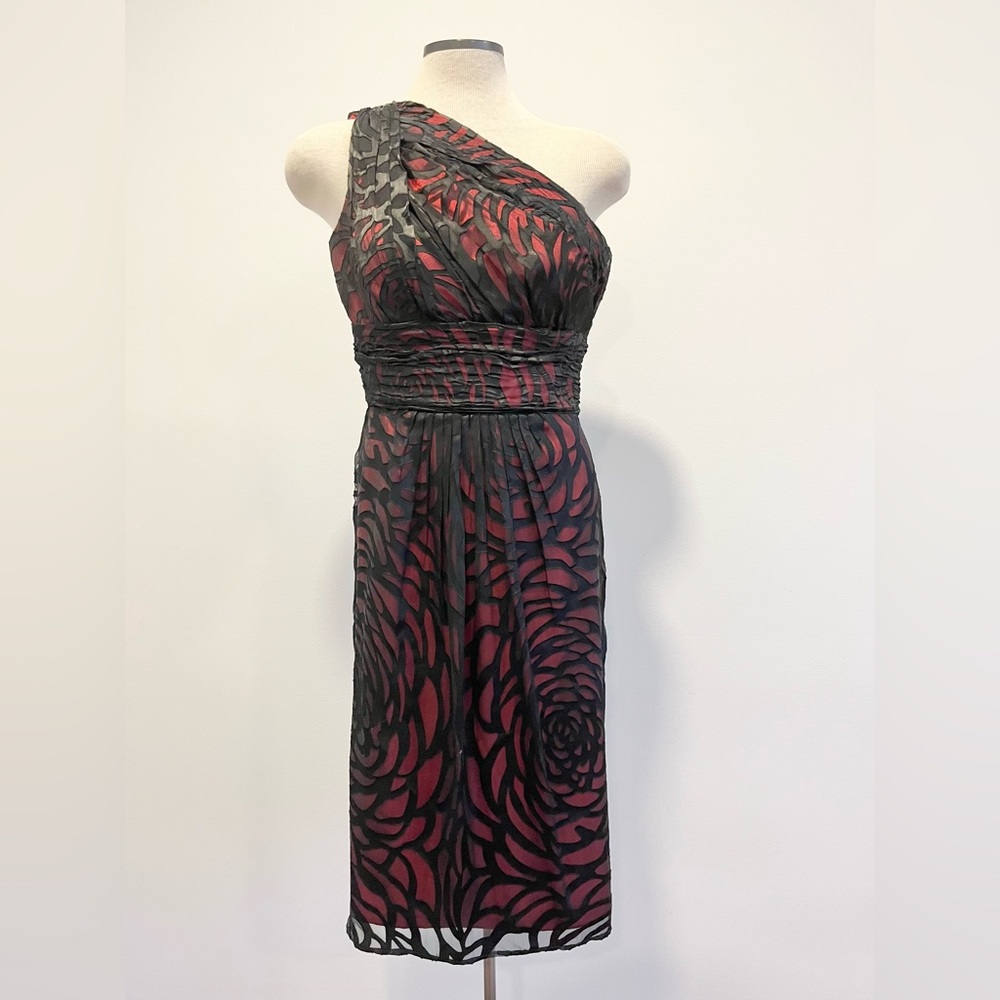 Le Chateau One-Shoulder Black Red Midi Silk Evening Cocktail Prom Formal Dress - Picture 3 of 16